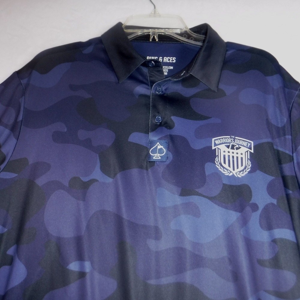 Pins & Aces Mens XL Blue Camo The Warrior's‎ Journey Performance Golf Polo Shirt